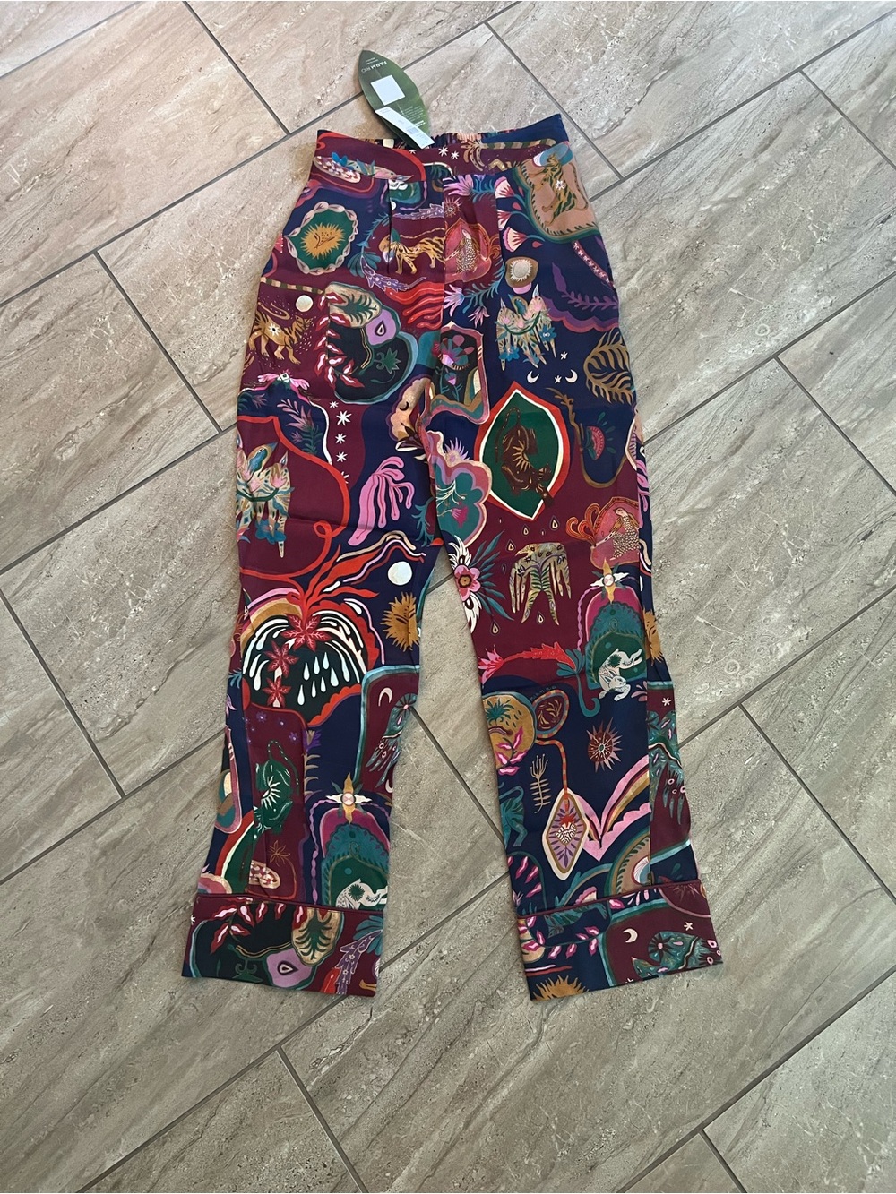 FARM Rio Vibrant Surreal Printed Pants in Burgundy, Navy & Green